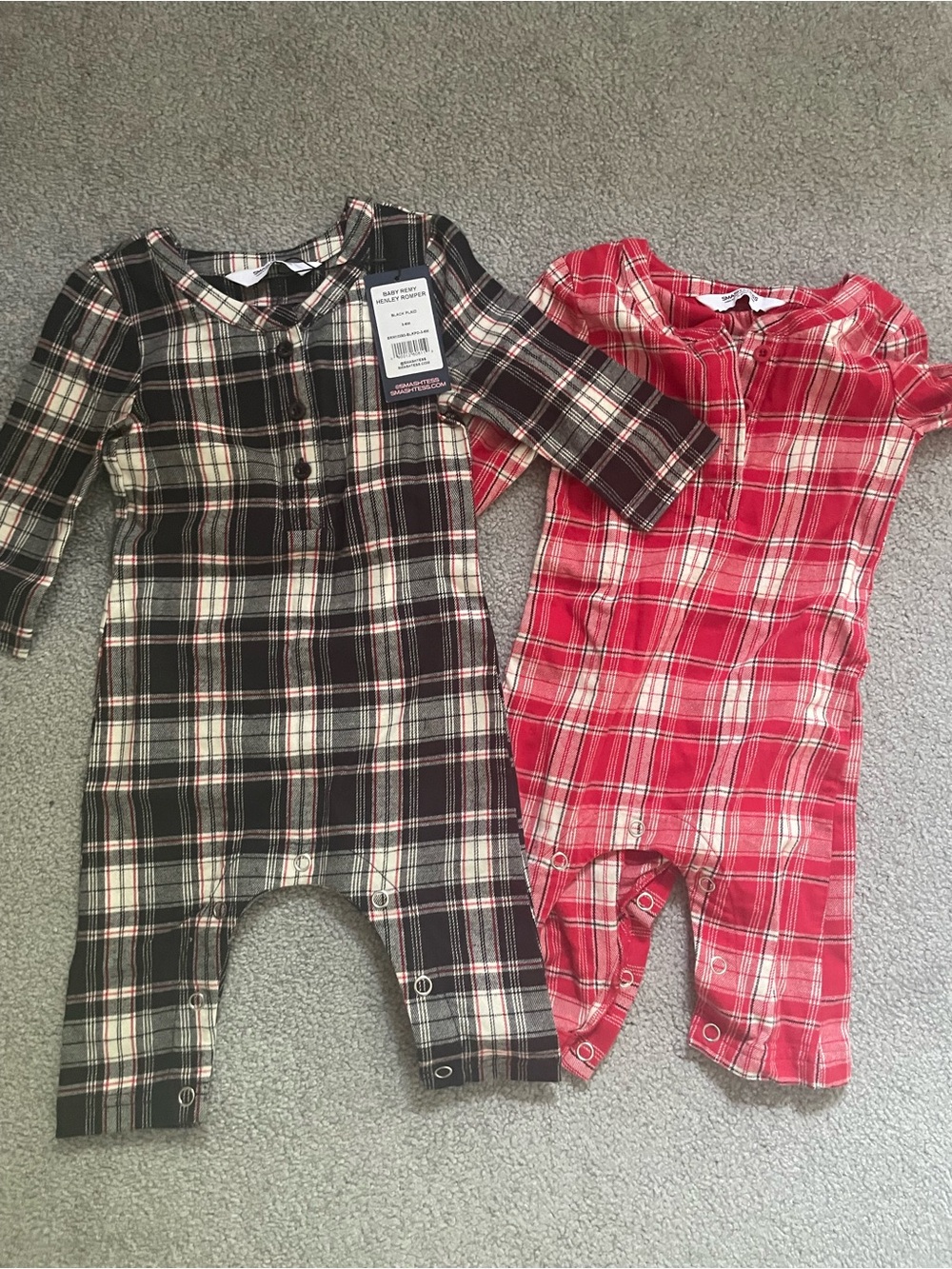 Smash + Tess Plaid One-Piece Bodysuits in Black and Red